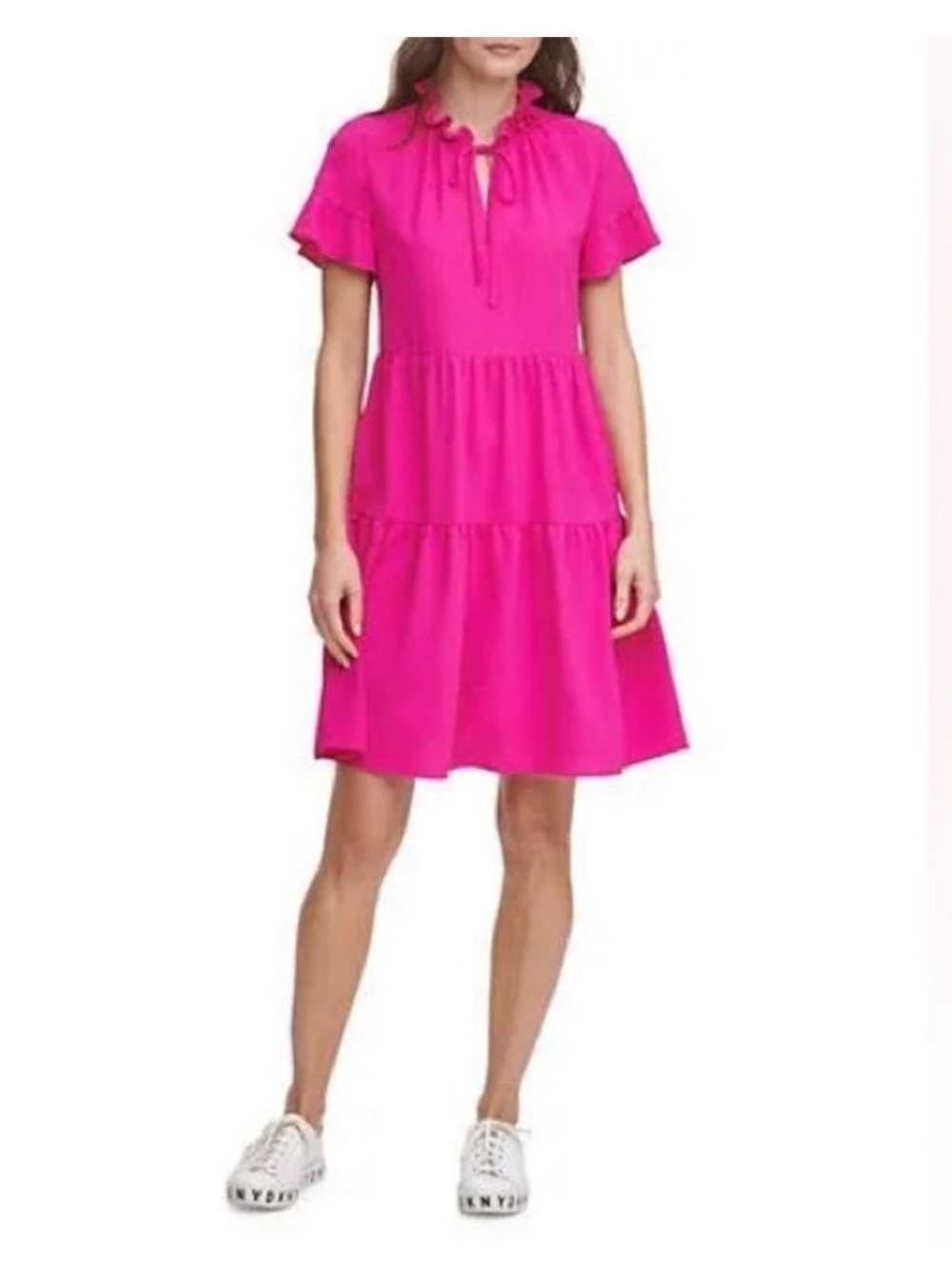 DKNY Magenta tiered mini dress with ruffle detail pull on style